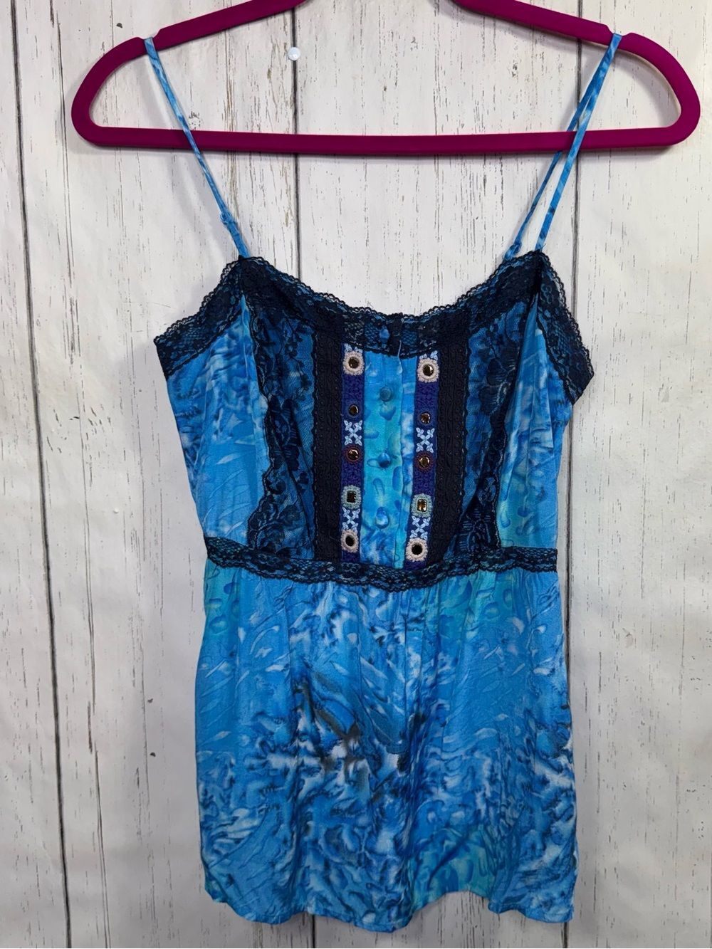 Free People Blue Batik Lace Trim Embroidered Fairycore Boho Coquette Cami Top 4